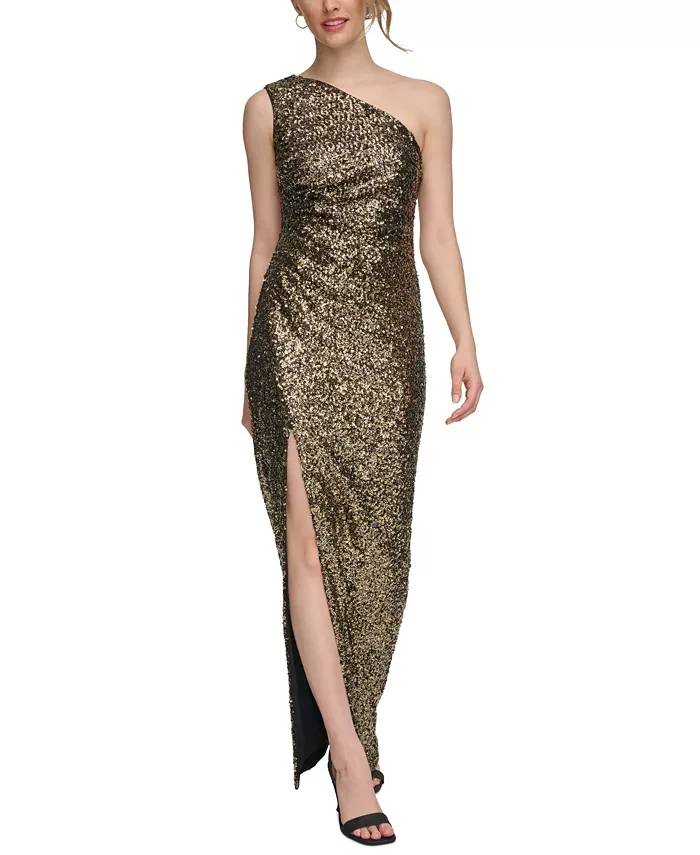 Calvin Klein Black and gold sequin dress One-Shoulder Front-Slit Gown