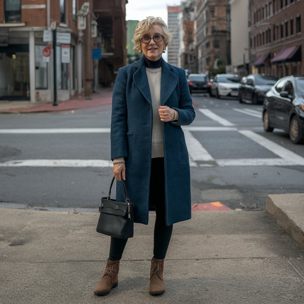 Long coat, Leggings, sweater and ankle booties