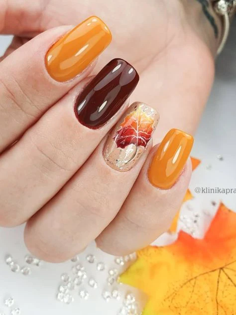 Dark Brown with Light Brown Fall Leaf Nails Design