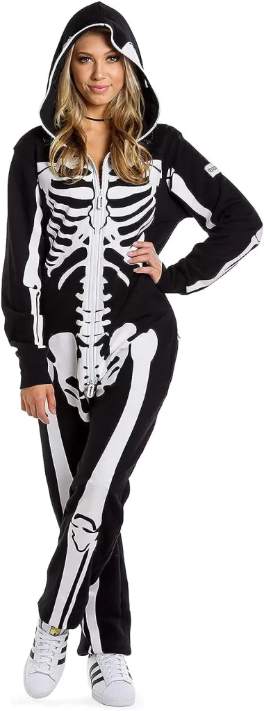 Halloween Skeleton Costume for Women Onesie Jumpsuit - Front and Back Print with Zip-Up Mask