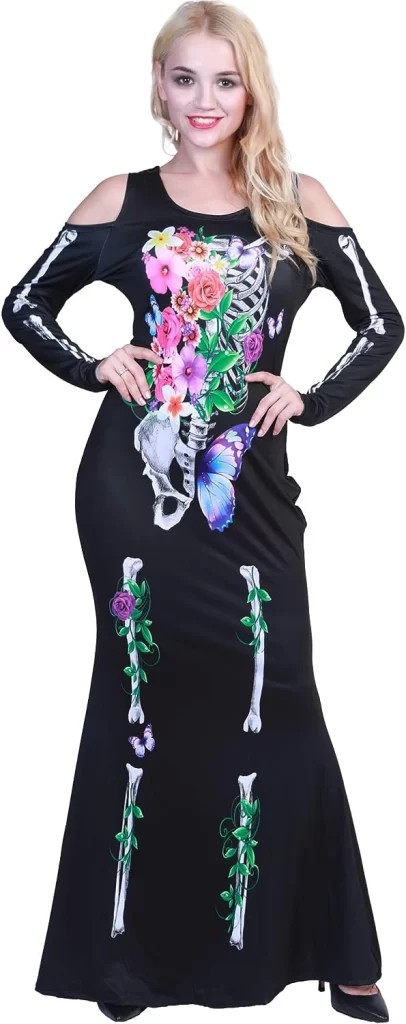 Halloween Women Plus Size Beautiful Flower Bones Skeleton Costume