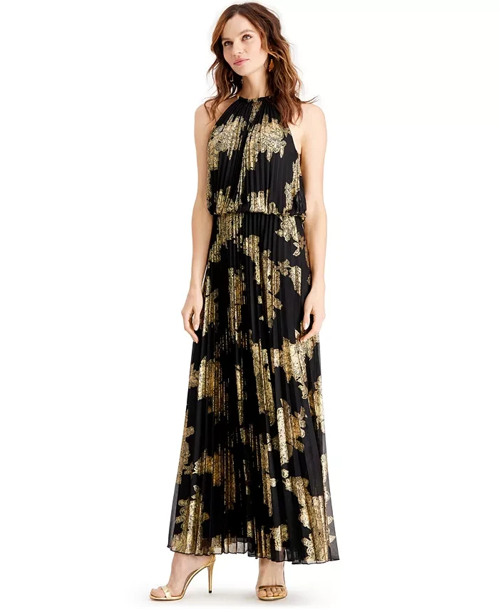 Metallic-Print Pleated Blouson Gown Black and gold evening gown