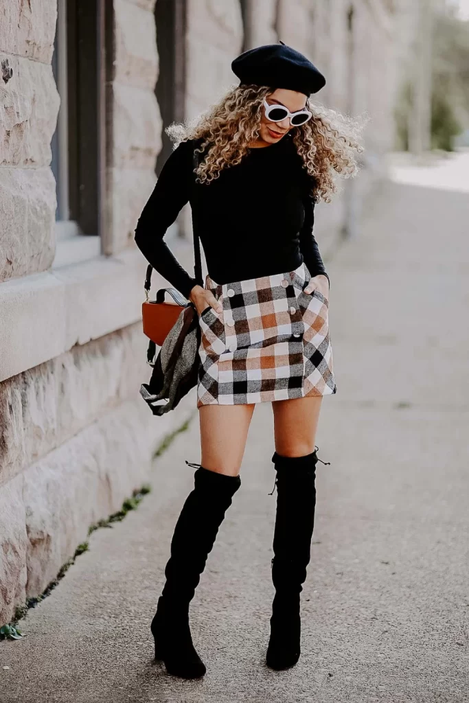 Plaid Mini Skirt Black Thigh High Boots and Long sleeve black Top