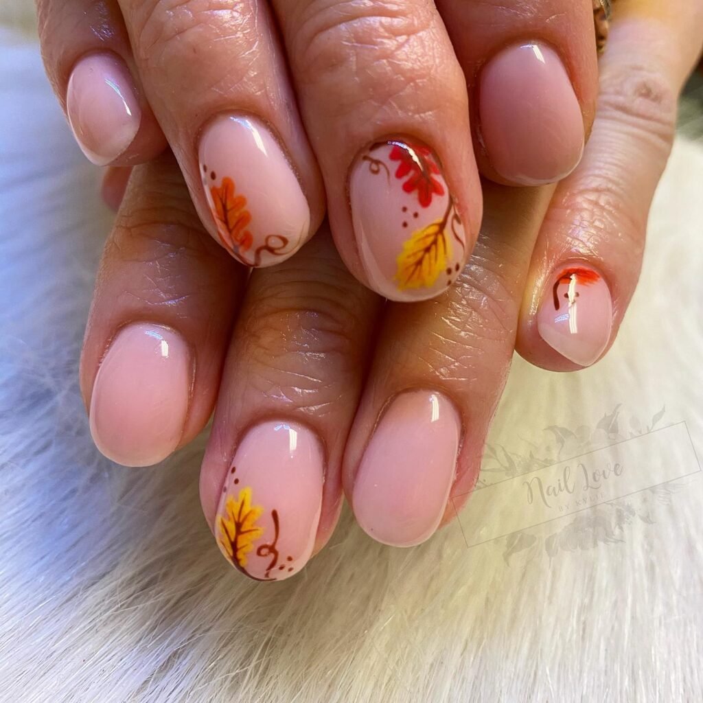 Short Pink Nails with Leaves Design - Fall Leaf Nails Art