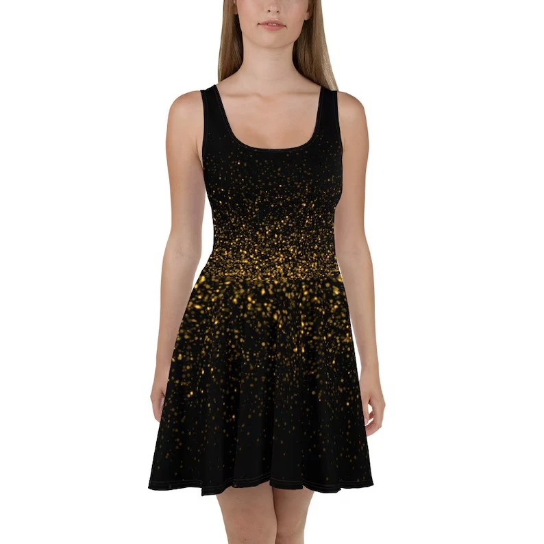 Sprinkled Gold Glitter Black Skater Dress