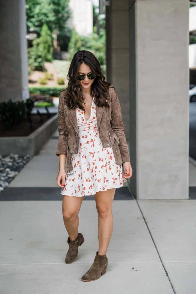 White floral Dress with Brown Jacket and Boots Date Night Outfits
