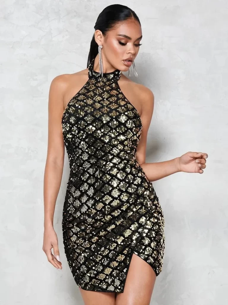 Women's Black and Gold Split Hem Sequin Halter Dress