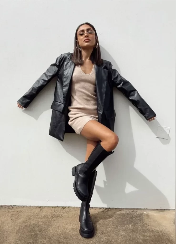 Black Leather Jacket with Big Boots and Dress