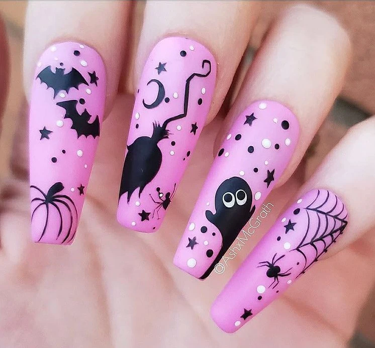 Long black Pink Bat, witch Halloween spooky Nails
