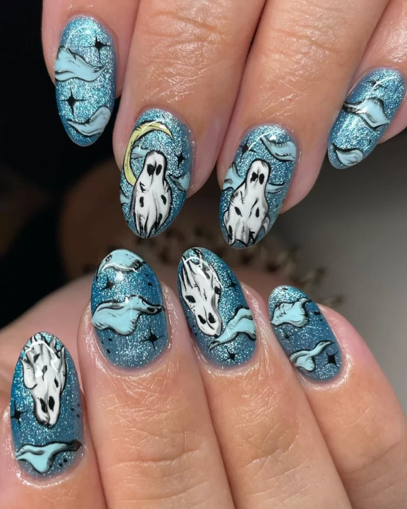Scary Half Moon, black star white Ghost design with Glitter blue oval nails