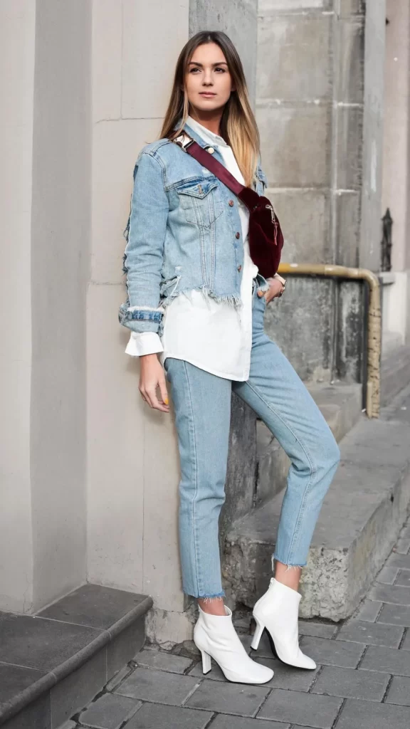 Blue jeans top and bottom and White boots outfits	