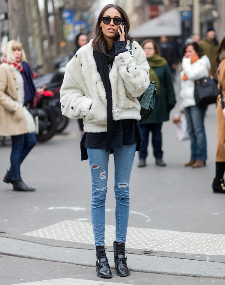 Fur Coat white blue Ripped skinny jeans and boots outfits	