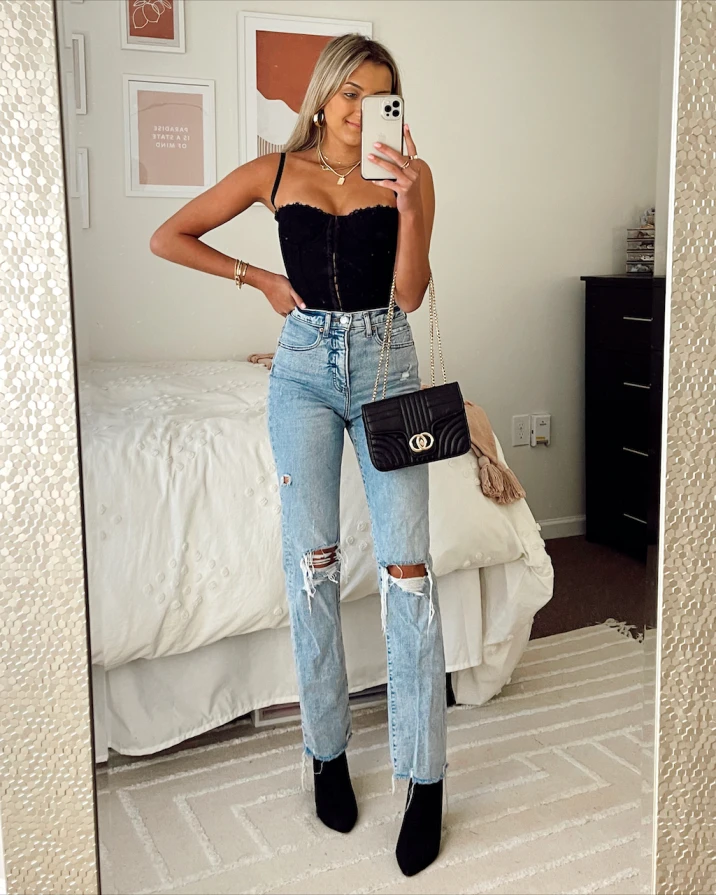 Cute Women's Ripped Loose Jeans, Ankle Boots Fashion