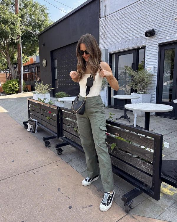 Sneakers, green pants and tube top