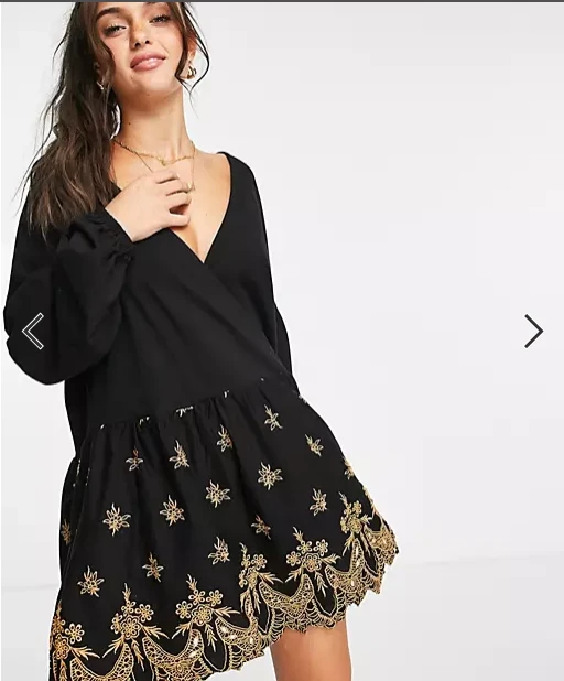Wrap Dress with Gold Cutwork Embroidery Detail in Black