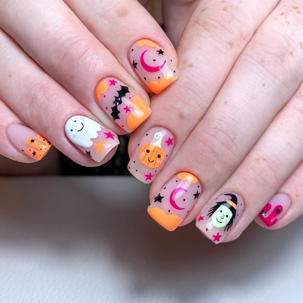 Halloween nails with bat, ghost and pumpkin