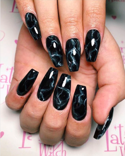 Black Coffin Nail with marble design and pattern