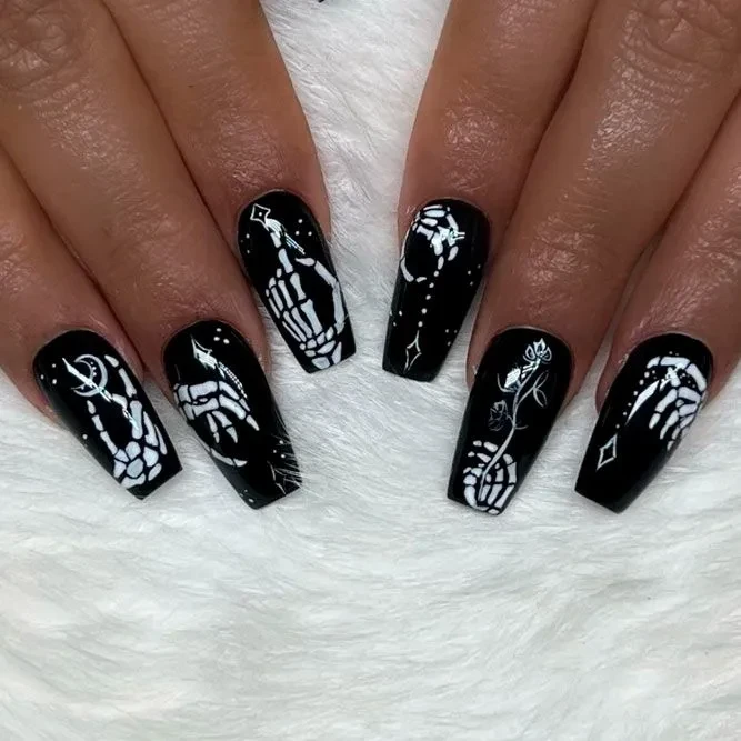Glossy Black Coffin Halloween Bones Scary manicure design