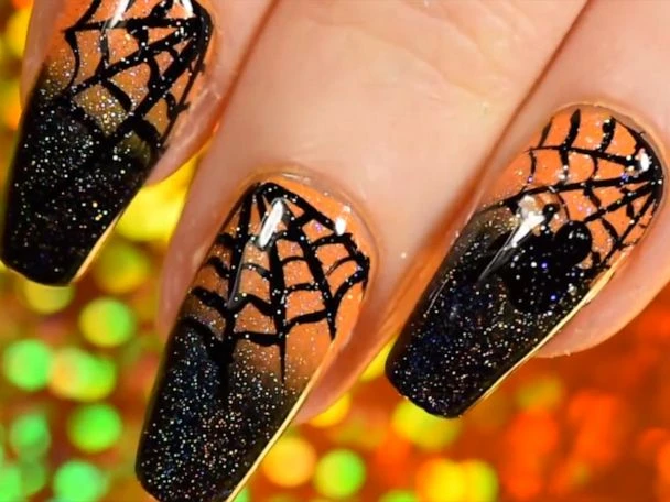 Orange Glitter Black Spiderweb Coffin Nails 