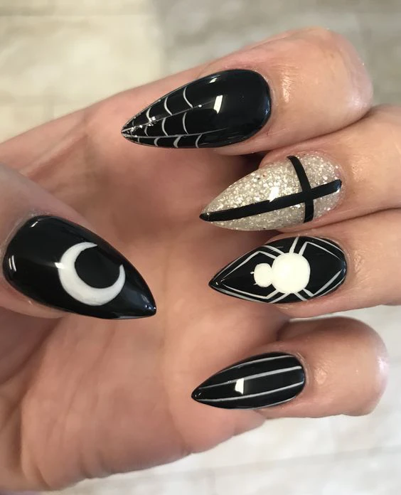 Cross Spiderweb Sliver and Black Pointy Spooky manicure
