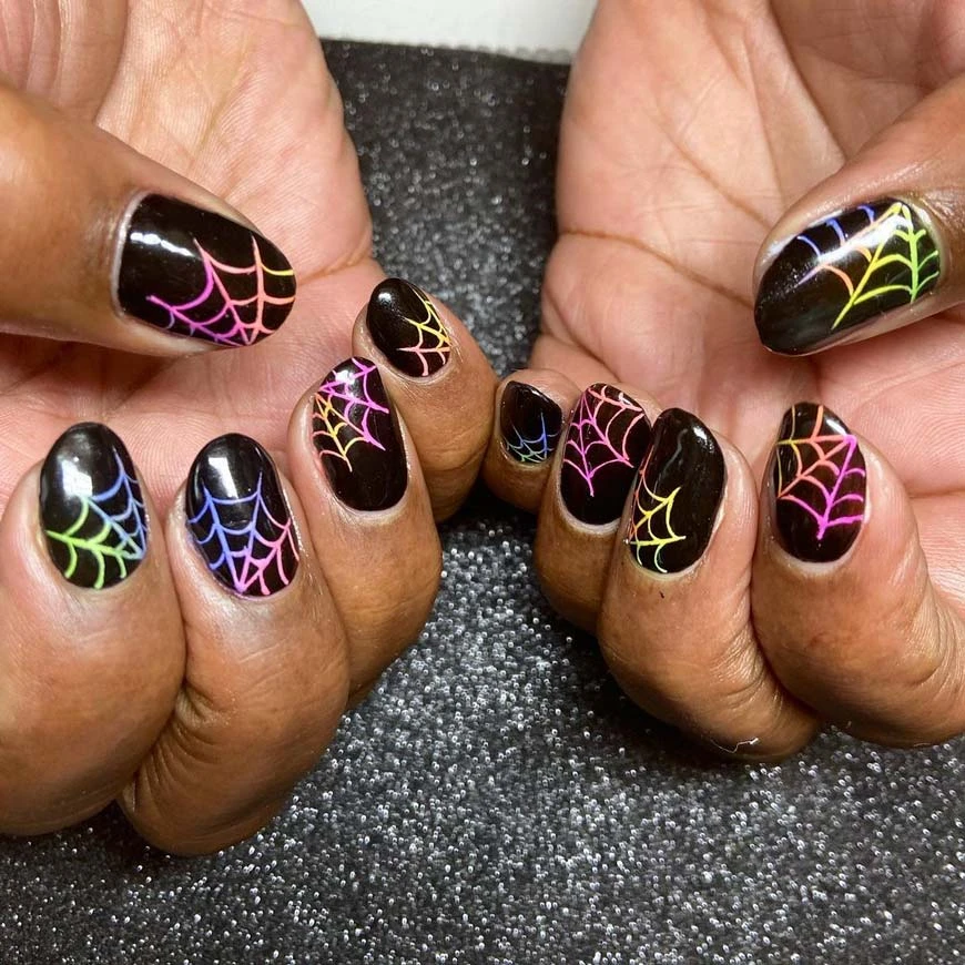 Web short colorful design Halloween nails