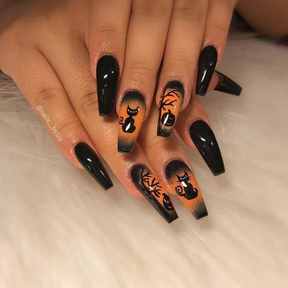 Orange and black Halloween sticker Cat and Pumpkin creepy