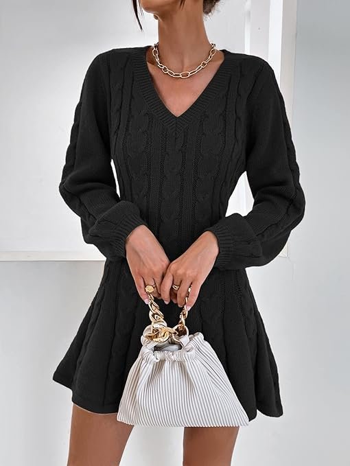 Cable Knit Short V Neck Sweater Solid Long Sleeve Flared Dresses