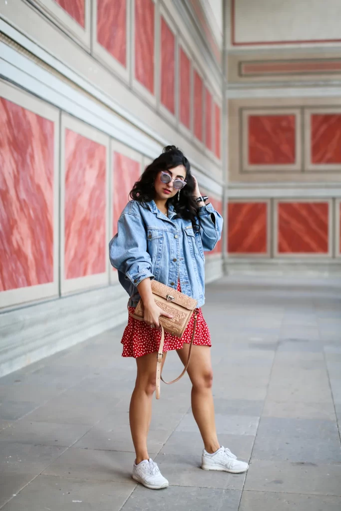 Floral Dress with Sneakers and Jacket Outfit Ideas