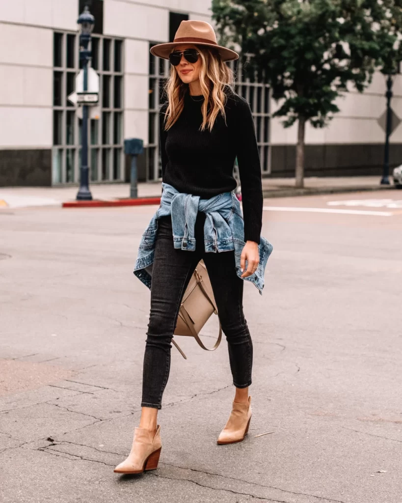 Denim Outfit Idea Black Pants with Black Sweater and Boots