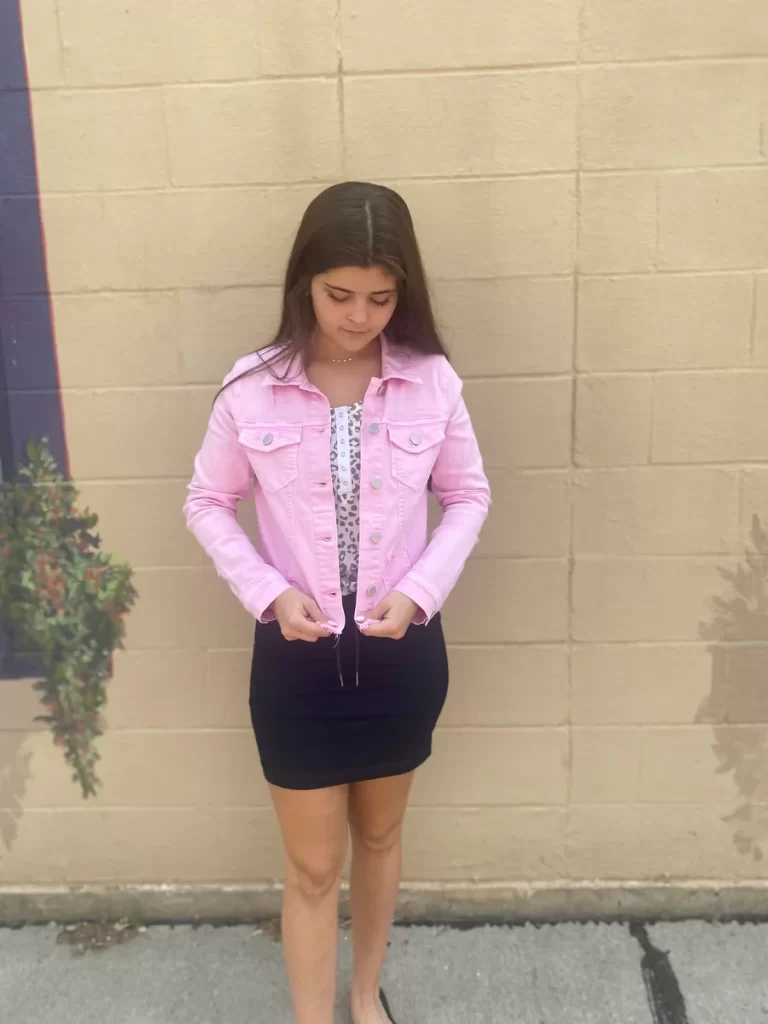 Pink Jacket with Black Skirt