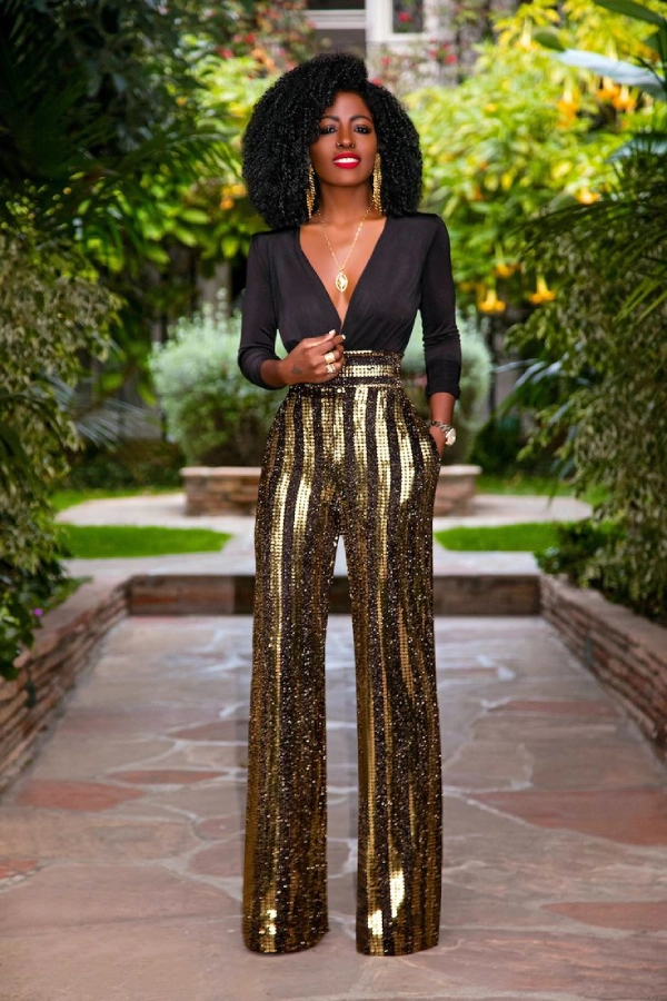 Gold & Black Sequin Pants with a Plunging Neckline Blouse
