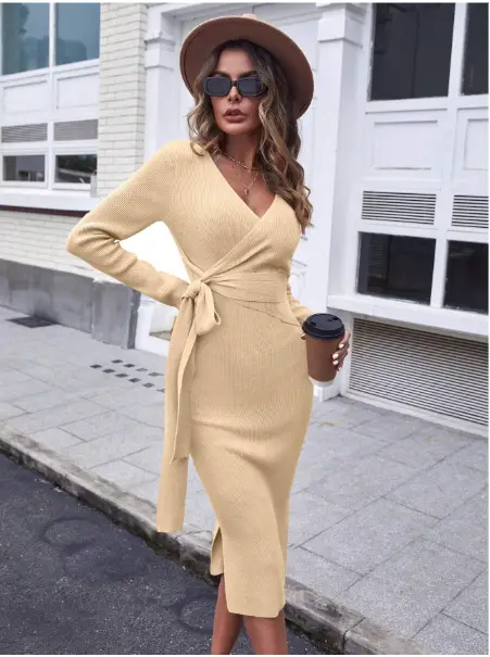 V Neck Sweater Dresses Batwing Long Sleeve Backless Bodycon with Belt