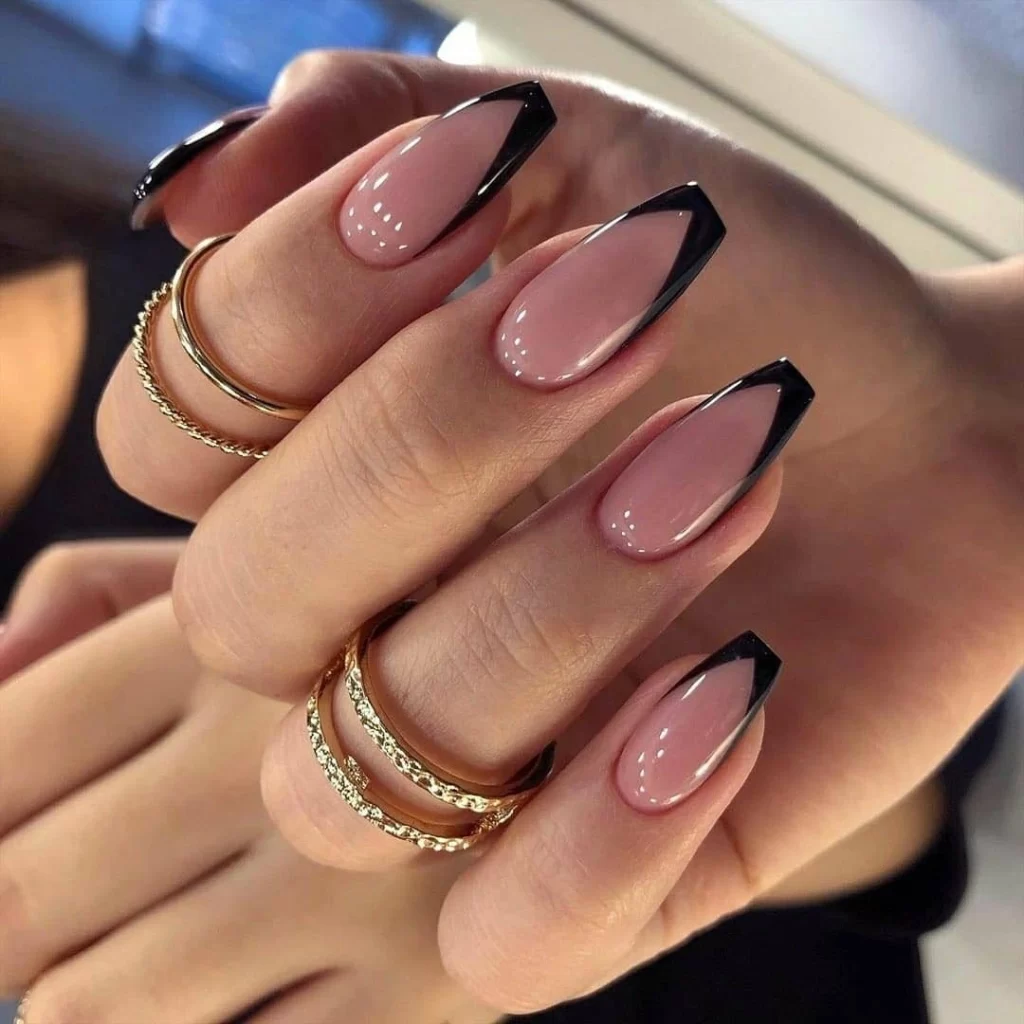 V black french tip nails with clear base
