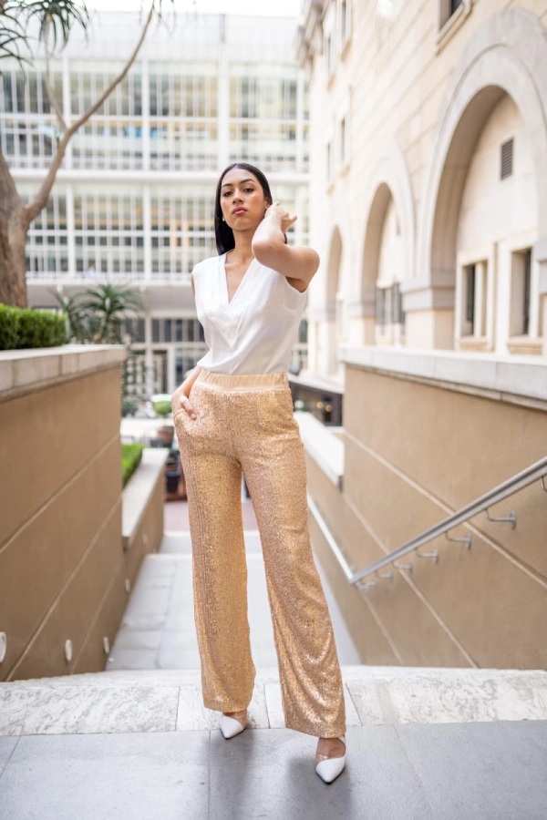 White Blouse with Gold Sequin Pants