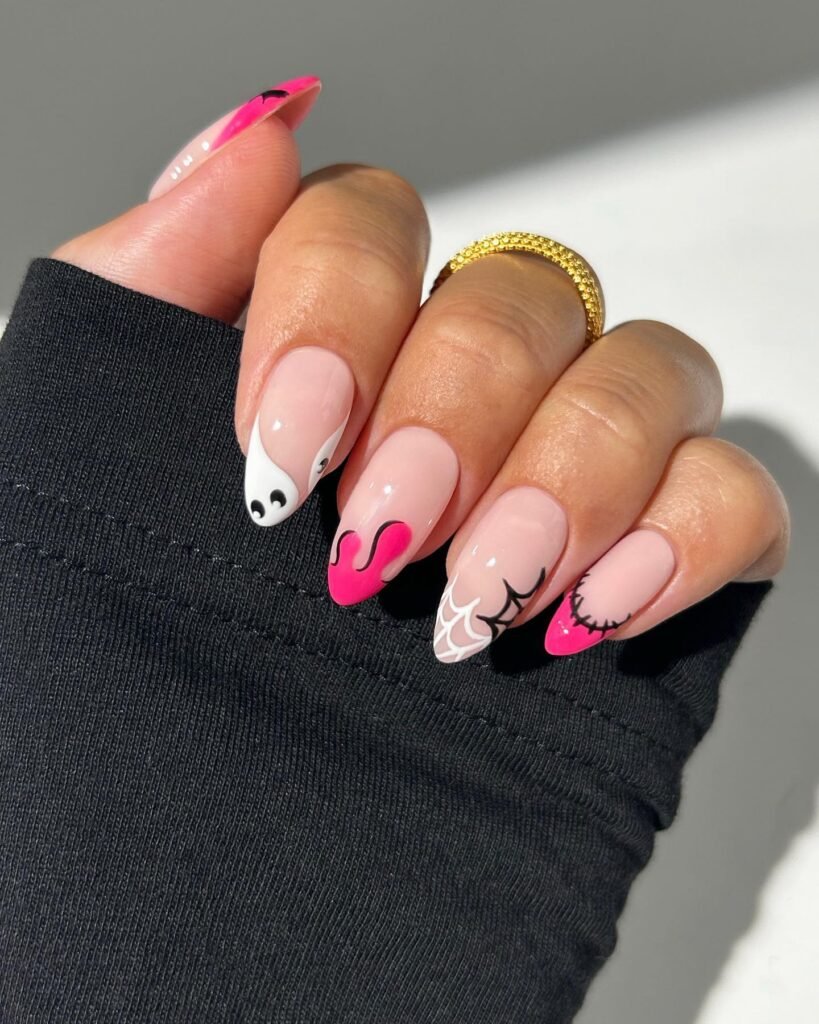 Pretty pink and black halloween nail