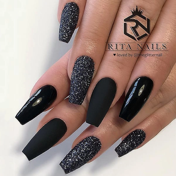 textured black coffin nail art
