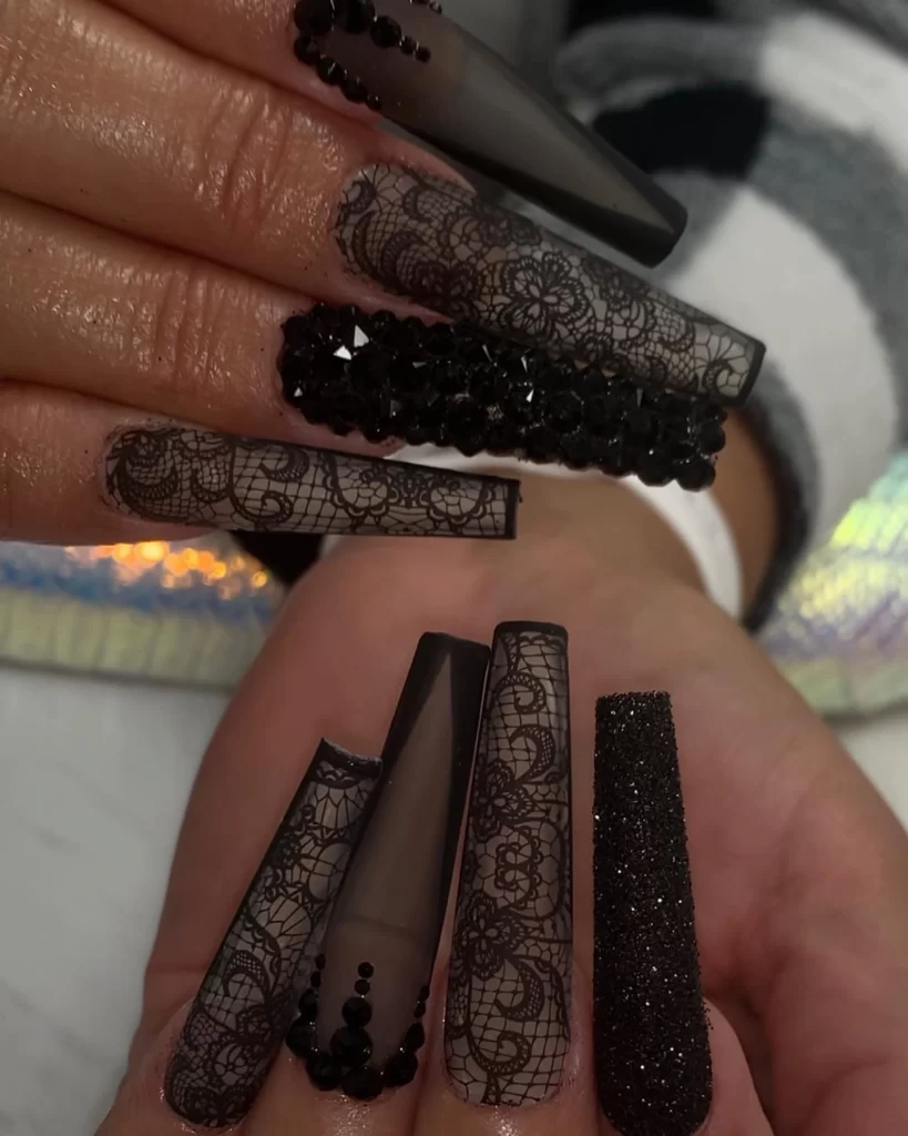 lovely long nails, lace patter, mesh and sugary 