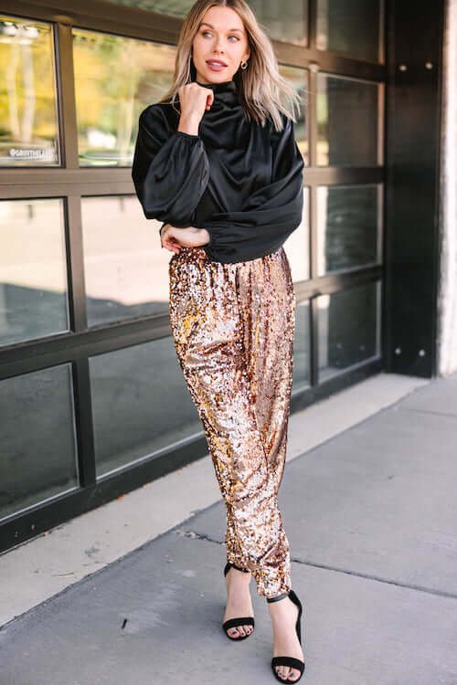 gold sequin pants with a silk camisole