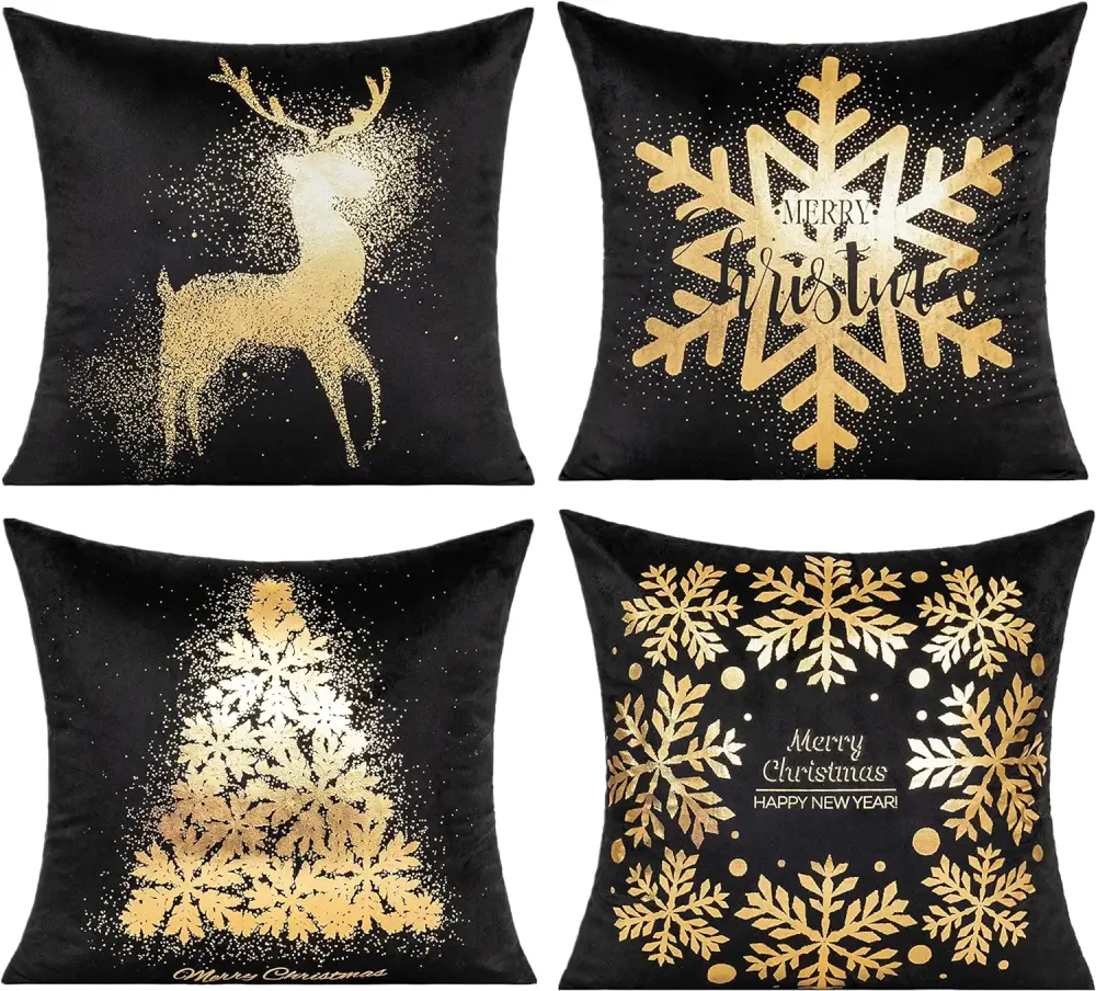 Black Xmas Gold Throw Pillow Covers