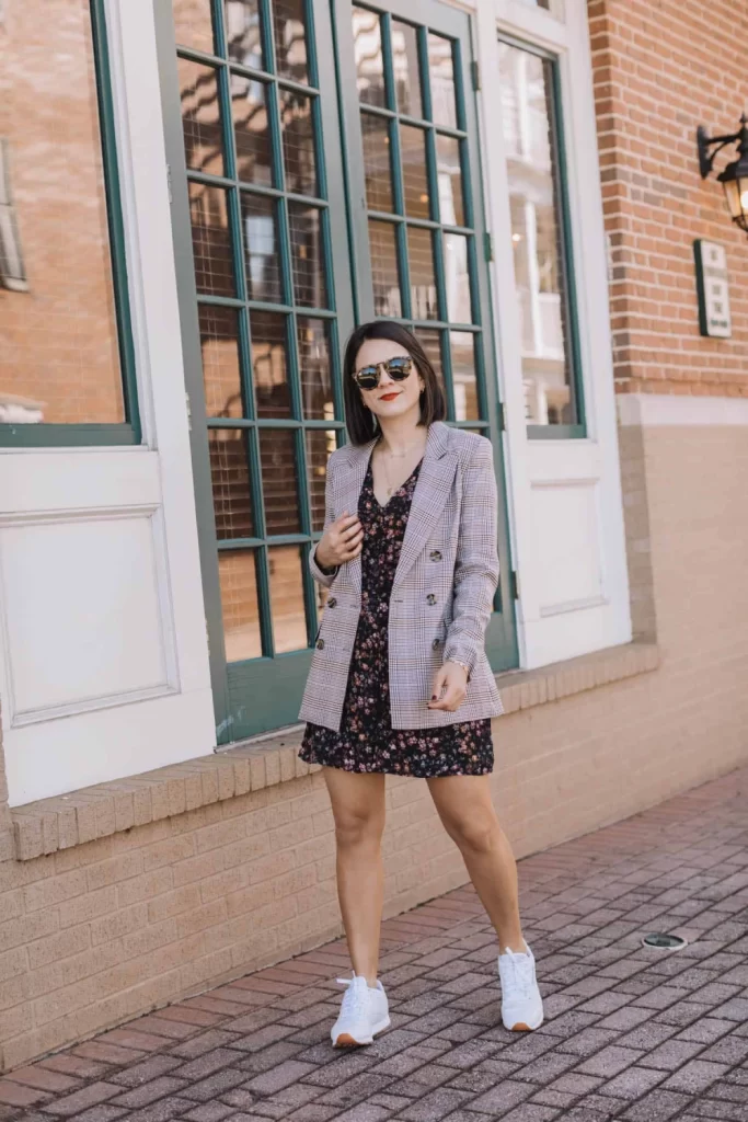 Large Gray blazer with Mini Floral Skater Dress and white sneakers