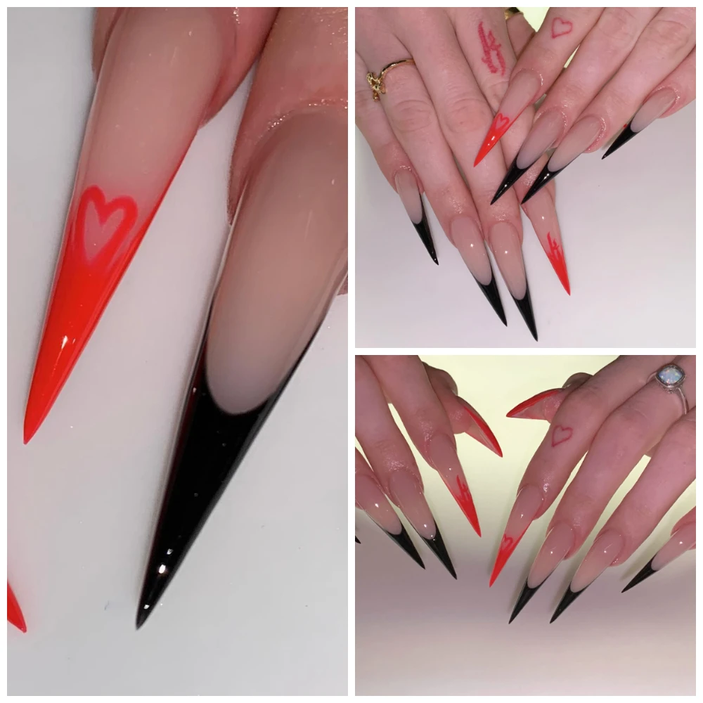 Pointed Tip Black and Red Long Nails 