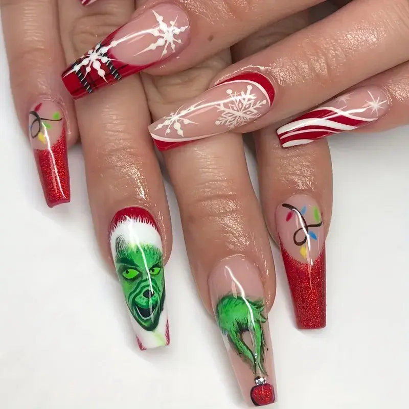 xmas coffin nails with red tips nad grinch head 