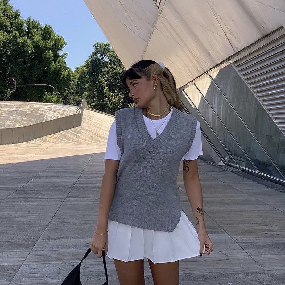 how to wear with white tennis skirt and grey vest