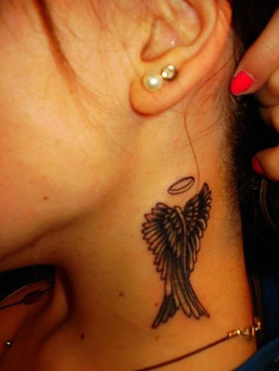 side neck tattoo angel wing with halo