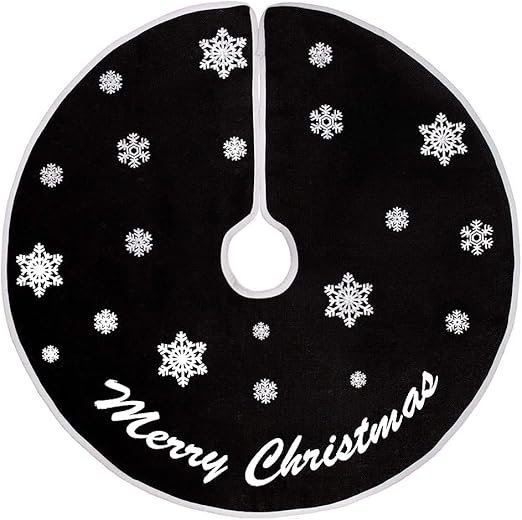 30 Inch Black Tree Skirt with White Snowflakes and Merry Christmas Words