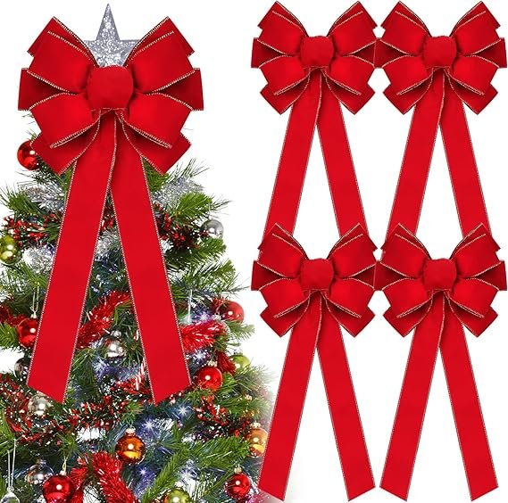 4 Pcs Extra Large Christmas Bows 15'' x 44'' Velvet Christmas Tree Topper Bows Holiday