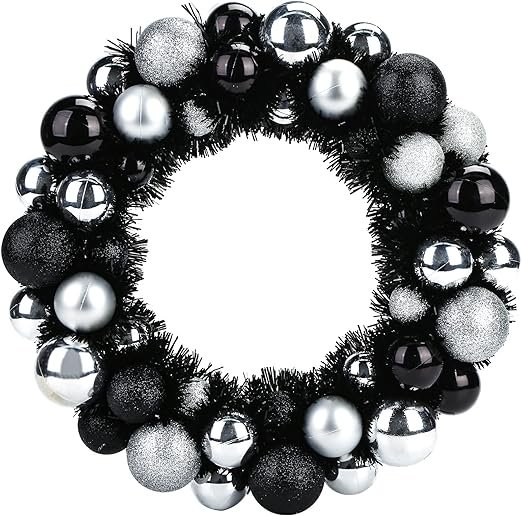 Christmas Decor Ball Wreath,13 Inches Black and Silver Ornament Garland Decoration