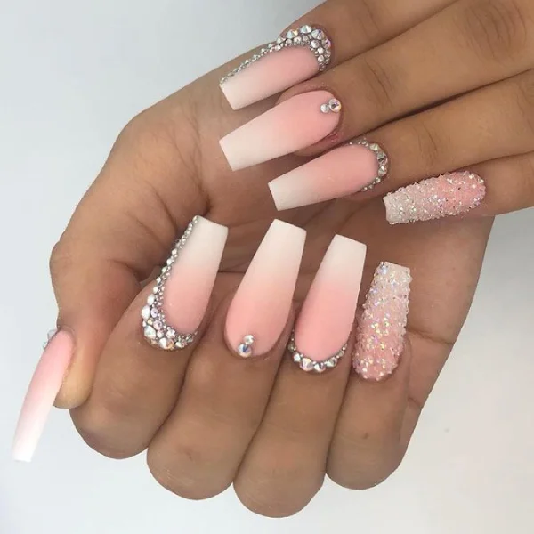 ombre coffin Nails with Rhinestones