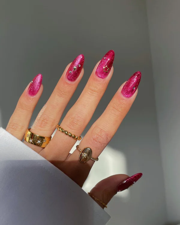 Hot Pink Nails With crystals