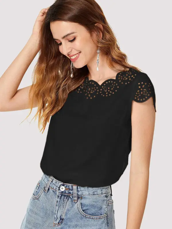 Casual Cut Out Scallop Trim Cap Sleeve Blouse